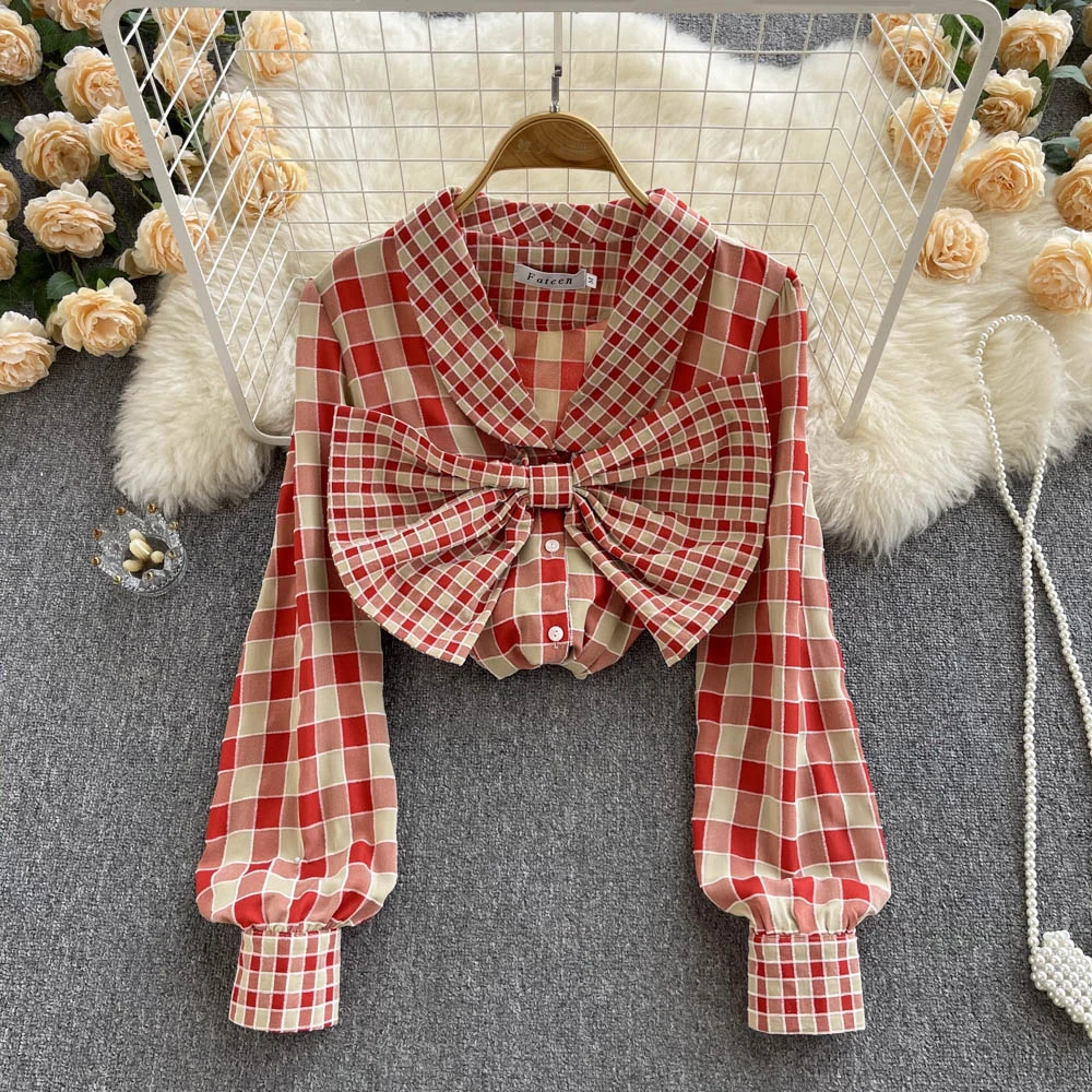

2022 новая весенняя клетчатая рубашка, женский дизайн, элегантный бант, длинный рукав, Французский Ретро Топ, тренд