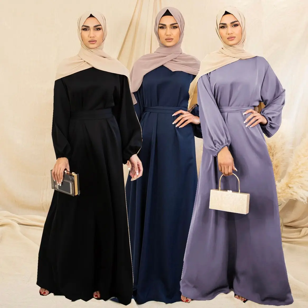 Satin Abaya Dubai Turkey Muslim Fashion Hijab Dress Plain Closed Belted Abayas for Women African Islam Modest Clothing Kaftan