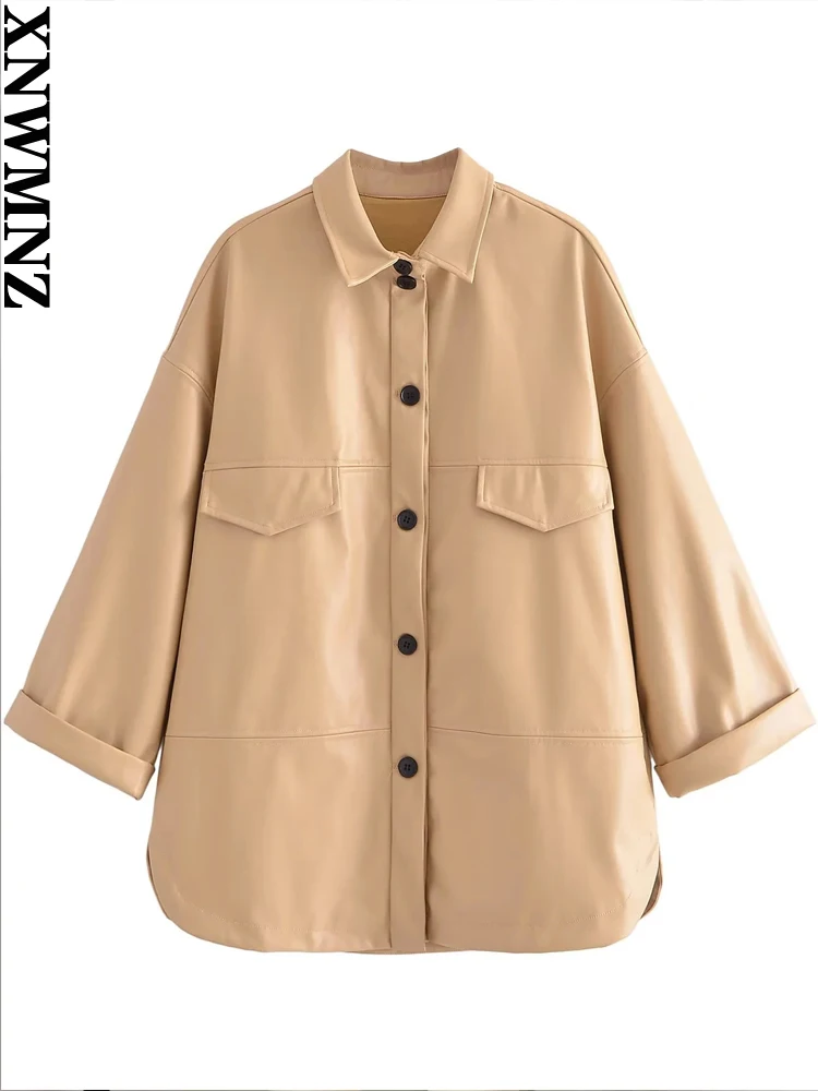 XNWMNZ donna moda ecopelle overshirt autunno donna vintage risvolto colletto maniche a tre quarti tasche cappotto giacche larghe