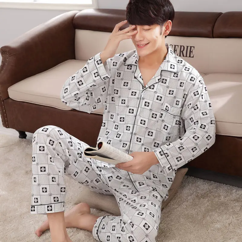 Pajamas Men's Long Sleeve Summer Thin Cardigan Cover Spring And Autumn Youth Middle Age Plus Size Loose Suit Sleepwear