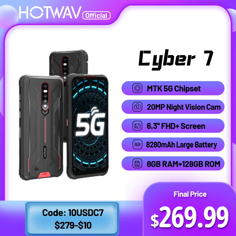 Hotwav Cyber 7 5G Rugged Phone 6.3 Inch FHD+ Screen 8GB RAM 128GB ROM 8280mAh Battery Smartphone 48MP Main Camera NFC Phone 2021