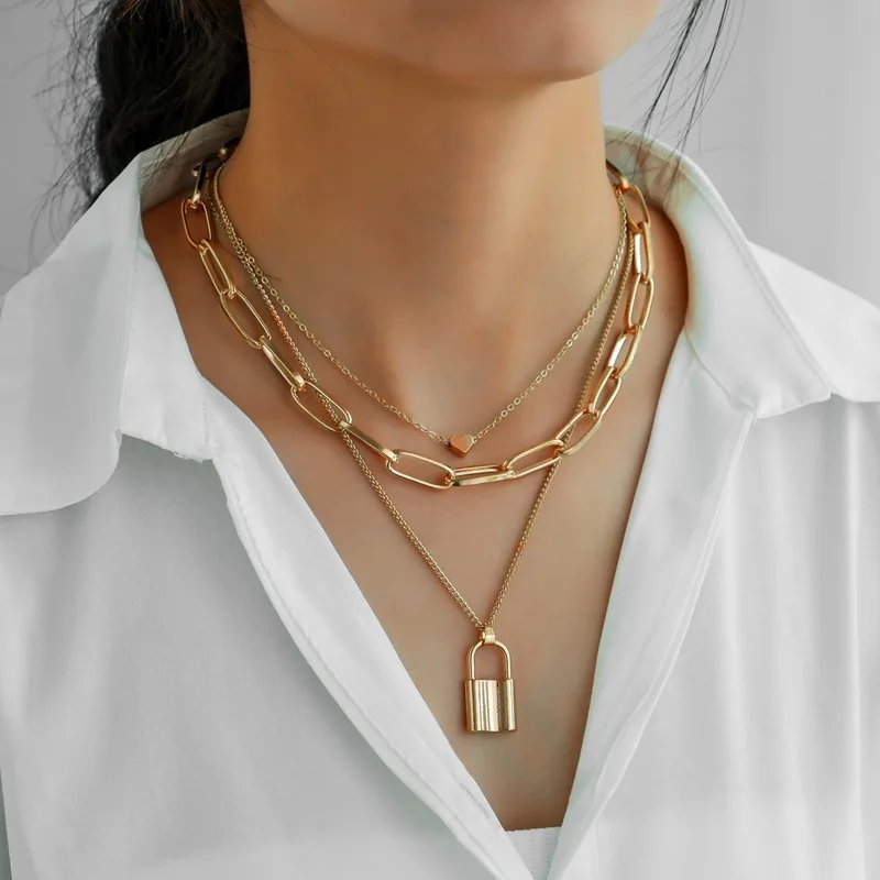 

Minar Hyperbole Metallic Lock Pendant Necklace for Women Gold Color Alloy Chain Heart Multi-Layer Chokers Necklaces Jewellery