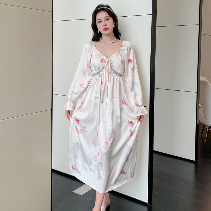 Sleeping Dress Women 2023 New Summer Ice Silk Long Sleeve Large Slim Sleepwear Fairy Home Fur