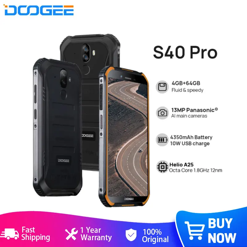 

DOOGEE S40 Pro Smartphones Android 10 Rugged Mobile Phone IP68/IP69K 4GB RAM 64GB ROM Waterproof Helio A25 Octa-core Cell phones