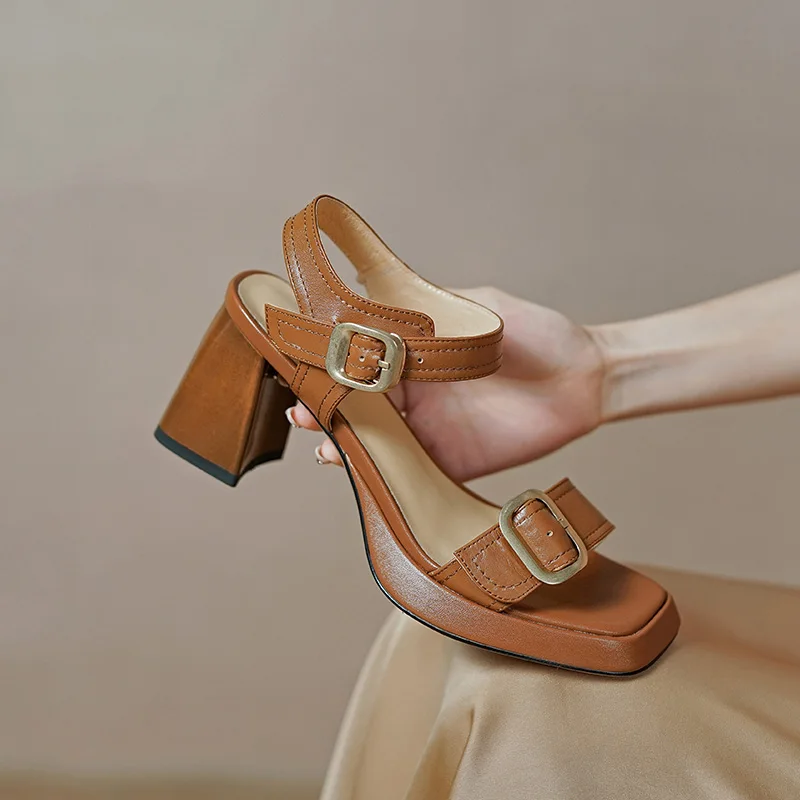 

2022 women Sandals natural leather 22-24.5cm cowhide upper Sheepskin insole + pigskin lining vintage chunky heel womens sandals