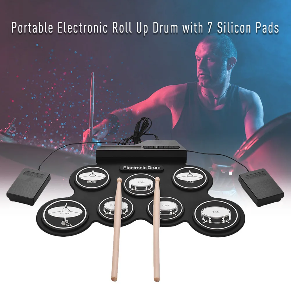 

Digital Electronic Drum Compact Size USB Foldable Roll Up Silicone Electric Drum Set 7 Pads With Drumsticks Foot Pedals
