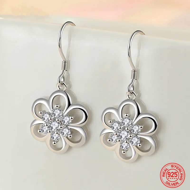 

925 Sterling Silver Hollow Flower CZ Dangle Earrings For Women Charm Jewelry Engagement Gift