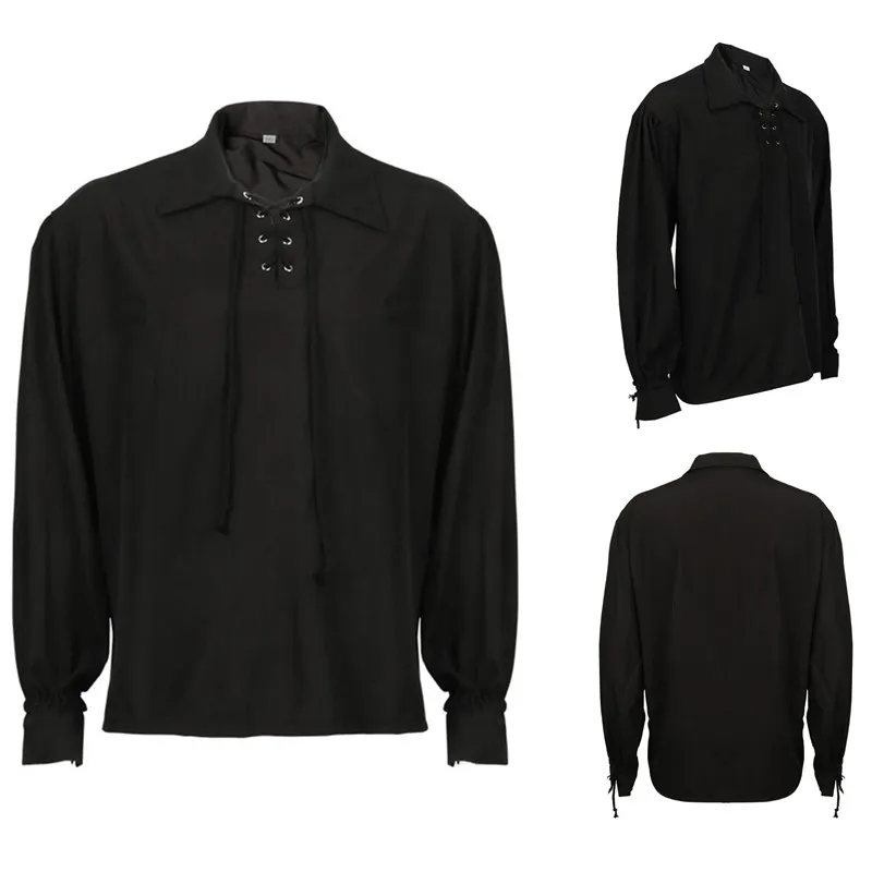 

Men Medieval Renaissance Viking Bandage Stand Collar Shirt Top Black White Blouse Loose Casual Long Sleeve Male Casual Shirts