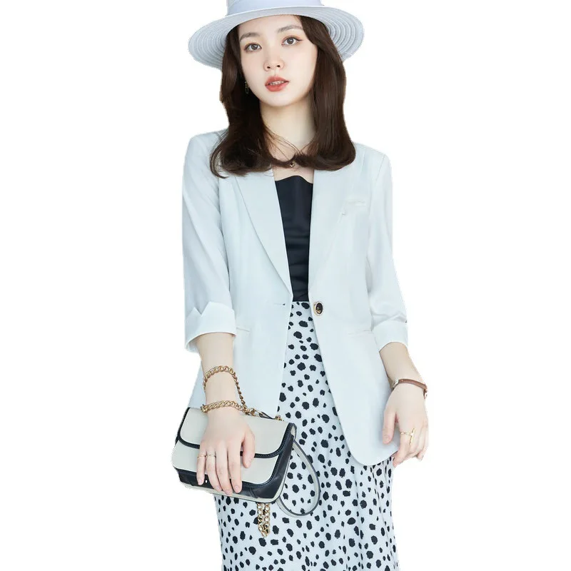 

2022 New Spring Elegant Women Tops Half Sleeve White pink Black Colors Ladies Solid Blazer female OL Jacket 21120