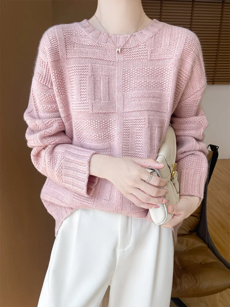 Новый свободный свитер женский пуловер с круглым вырезом и длинными рукавами