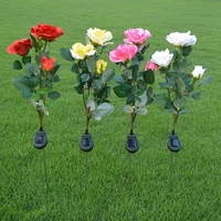 outdoor solar light led 3 heads rose flower lamp waterproof simulation flowers light garden yard lawn path decor