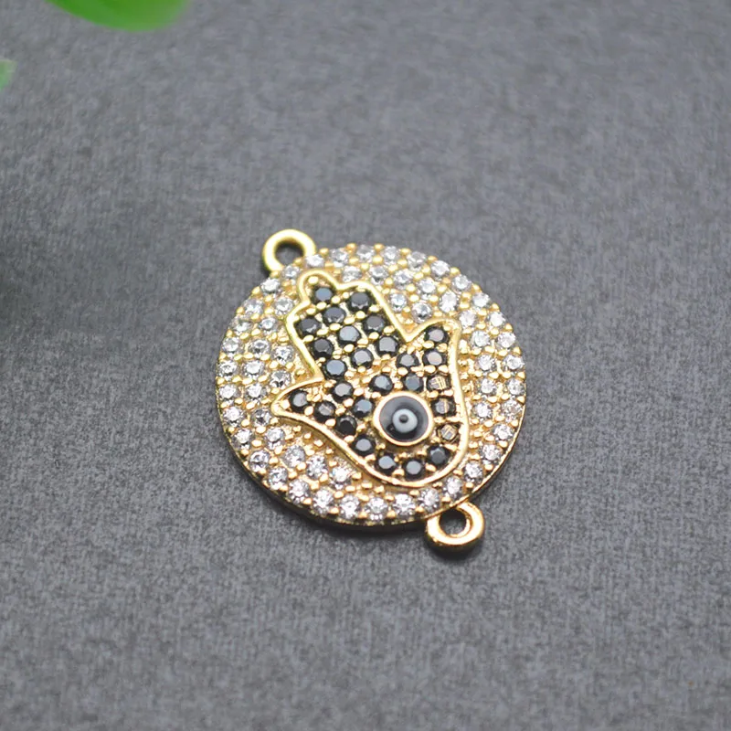 High Quality Nickel Free Anti Rust  Gold Plated CZ Pave Round Hamsa Hand Charm Connectors  for Diy Jewelry Making 10pcs
