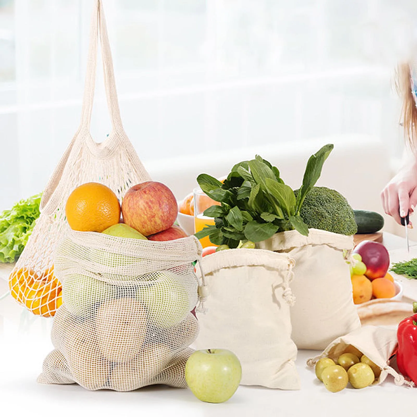 

8 шт. многоразовые продуктовые сумки 3 размера, эластичная Сетчатая Сумка для багажника, сетчатые сумки для продуктов, держатель для продукт...