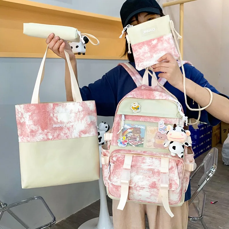 

Qyahlybz girls cute school bag female students high school campus harajuku canvas four piece backpack