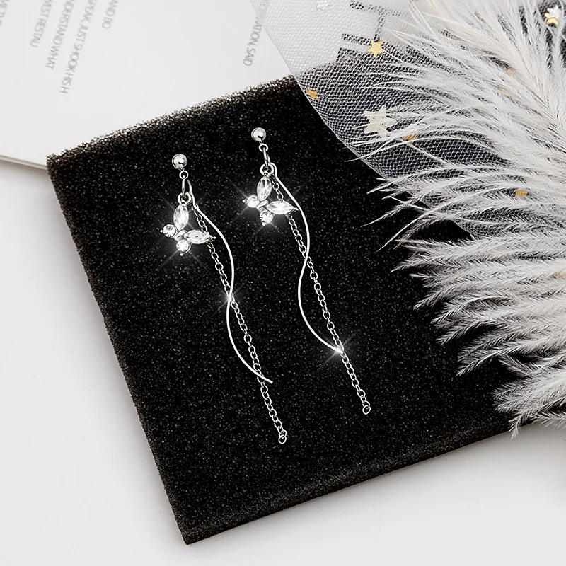

925 Silver Needle Earrings Flash Rhinestones Sweet Crystal Butterfly Pendant Long S-shaped Chain Tassel Korean Woman Jewelry