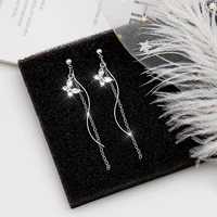 925 silver needle earrings flash rhinestones sweet crystal butterfly pendant long s shaped chain tassel korean woman jewelry
