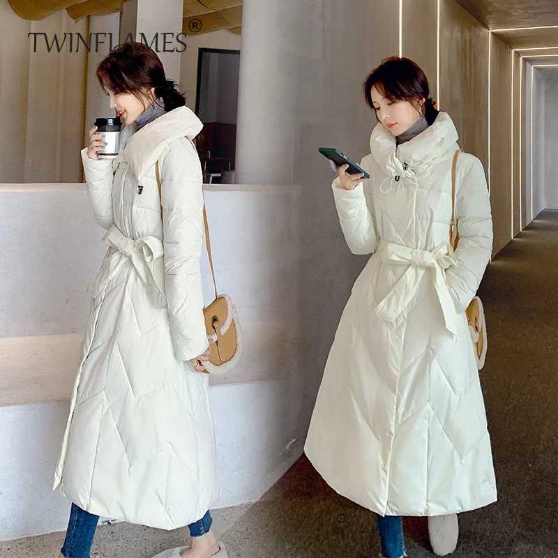 TWINFLAMES Thicken Parkas Women Fashion Long Loose Cotton Jacket Coats Women Elegant Belt Cotton Jackets Female Ladies