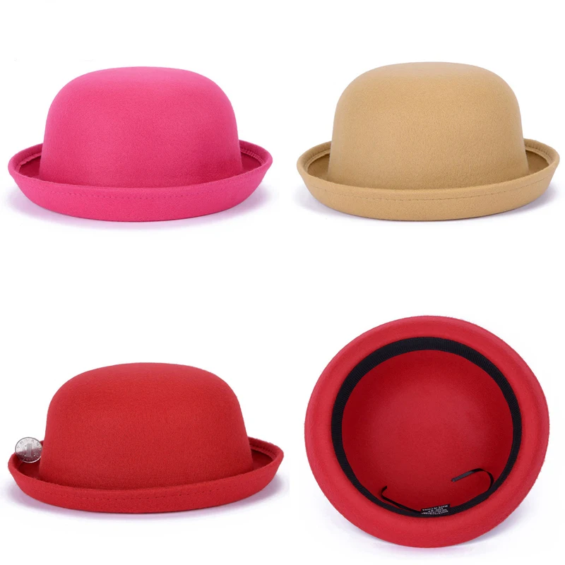 

Autumn Winter children wool felt fedoras hat solid Dome Princess bowler hat chapeau headgear trilby for kids boys girls