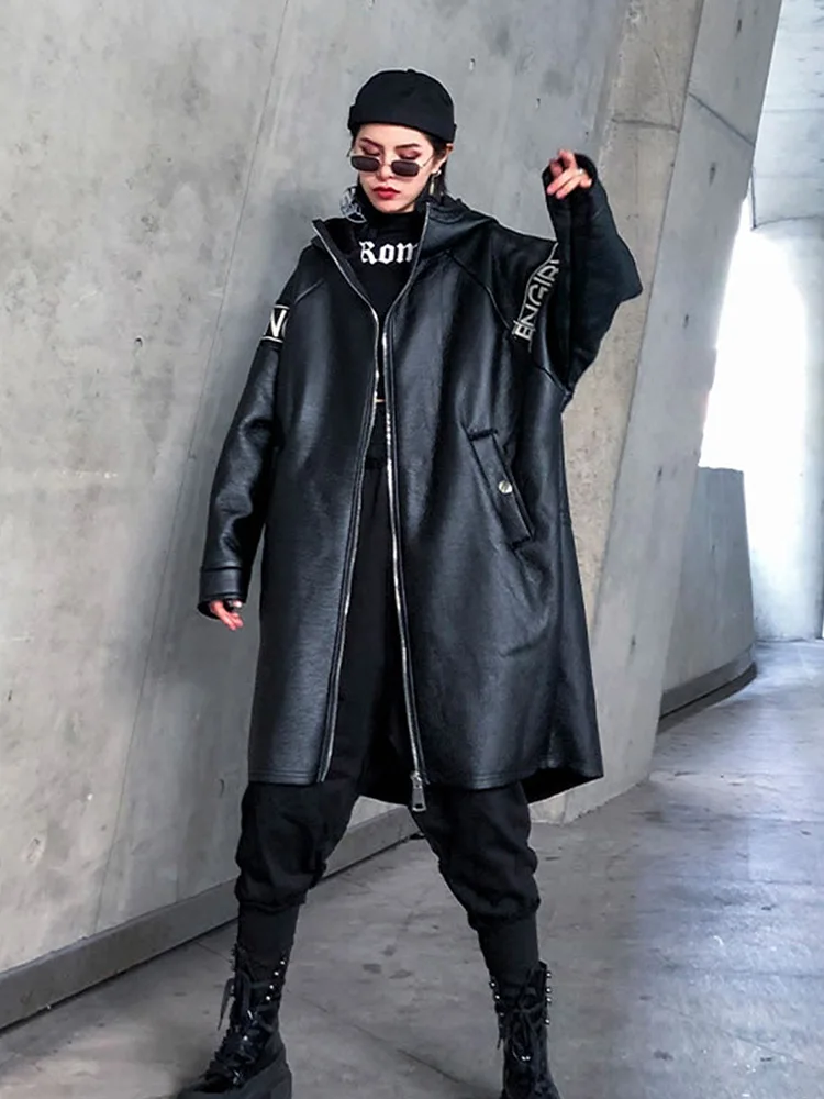 XITAO Letter  Faux Leather Women Fashion New 2019 Autumn Pocket Elegant Goddess Fan Hooded Collar Loose Coat ZLL4442