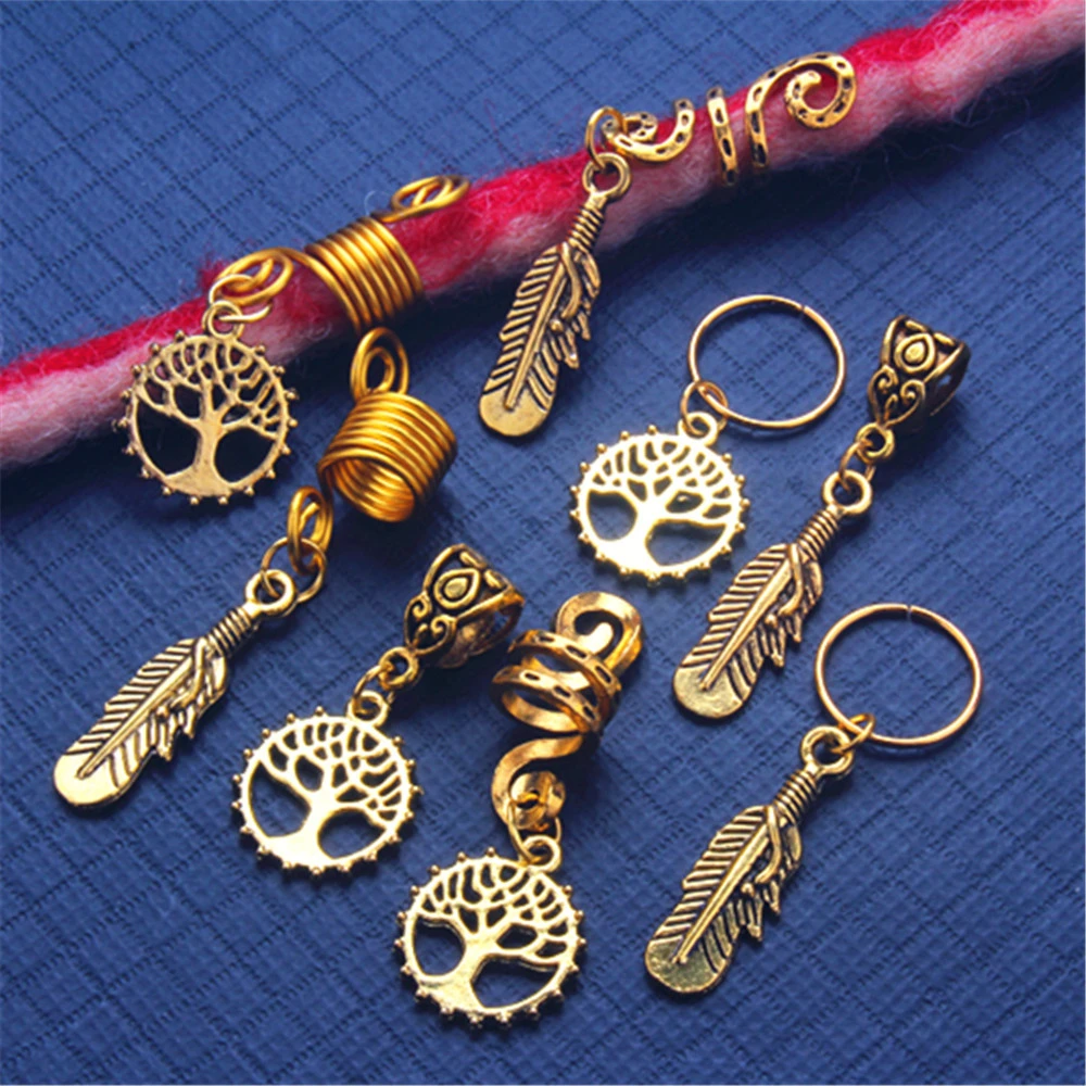 

5pcs/Set Life Tree Charm Hair Clips Golden Spiral Hairpins for Hair Braids Dreadlock Beads Spring Rings Feather Hair Jewelry