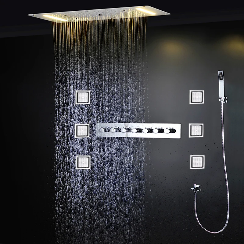 

Modern Ceiling LED Shower Set Luxury Waterfall Rainfall ShowerHead 380x700mm Thermostatic Faucets Mixer Massage Body Jet