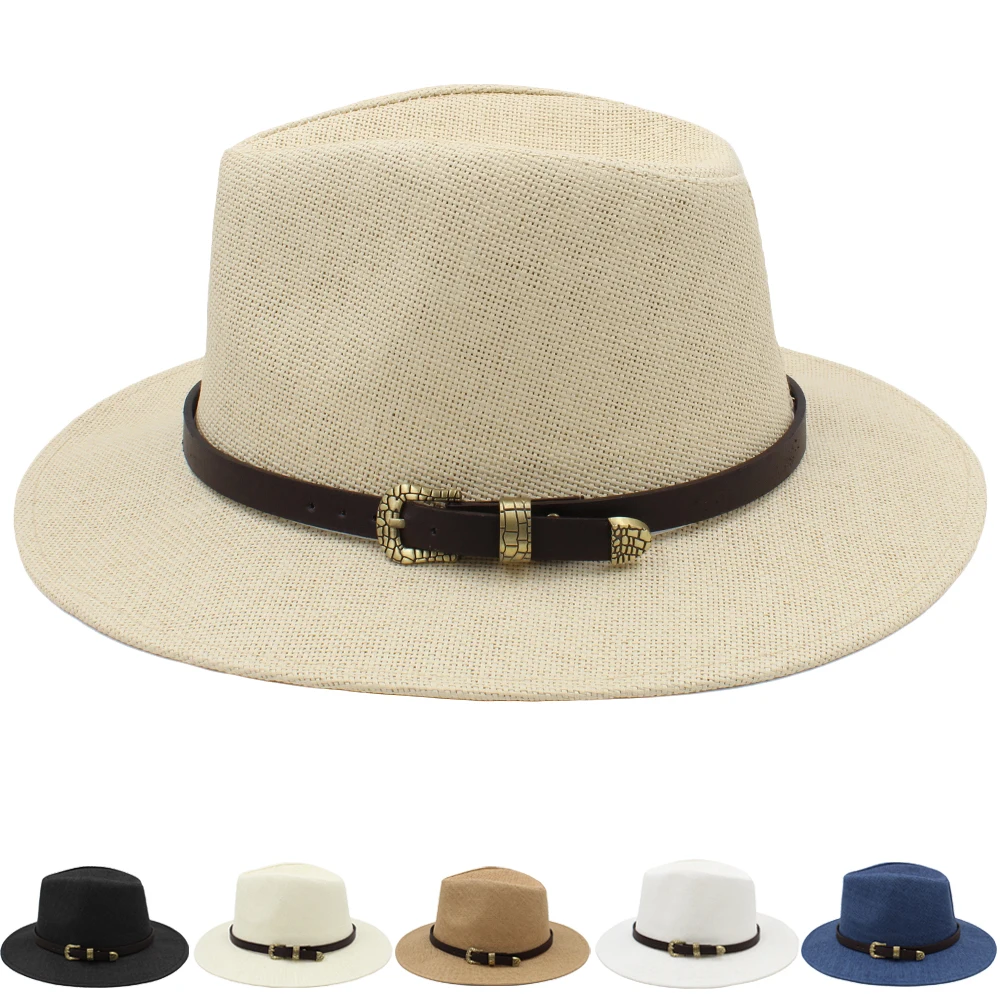 

Men Women Straw Panama Hats Summer Sunhat Classical Wide Brim Cap Sombrero Beach Fedora Trilby Outdoor Travel US Size 7 1/4 UK L