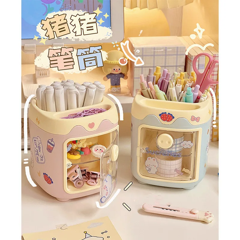 Cartoon Multi-grid Pig Pen Holder Student Cute Multi-functional with Grid Storage Box Girl Heart Desktop Stationery Box