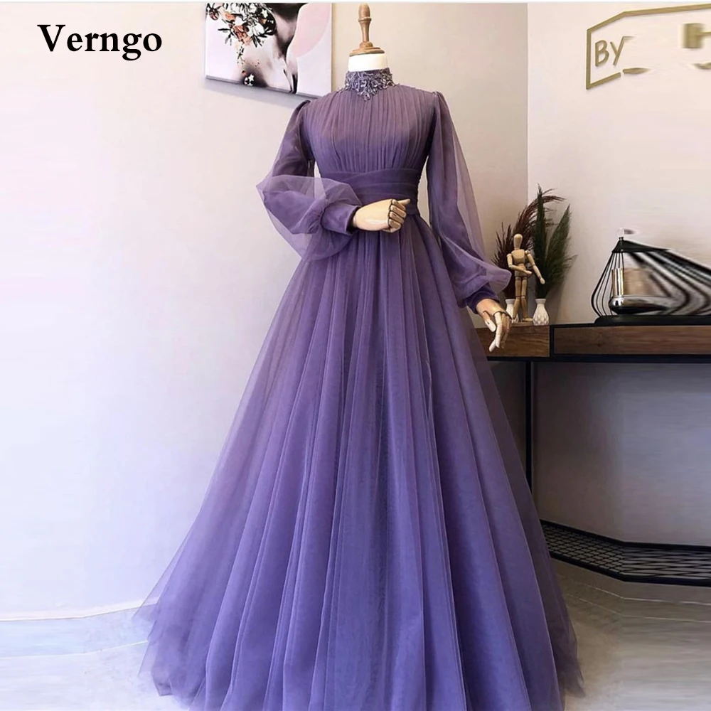 

Зимнее темно-фиолетовое Тюлевое вечернее платье Verngo с пышными длинными рукавами и высоким воротом платье для выпускного вечера с аппликацией арабское дубайское женское официальное платье