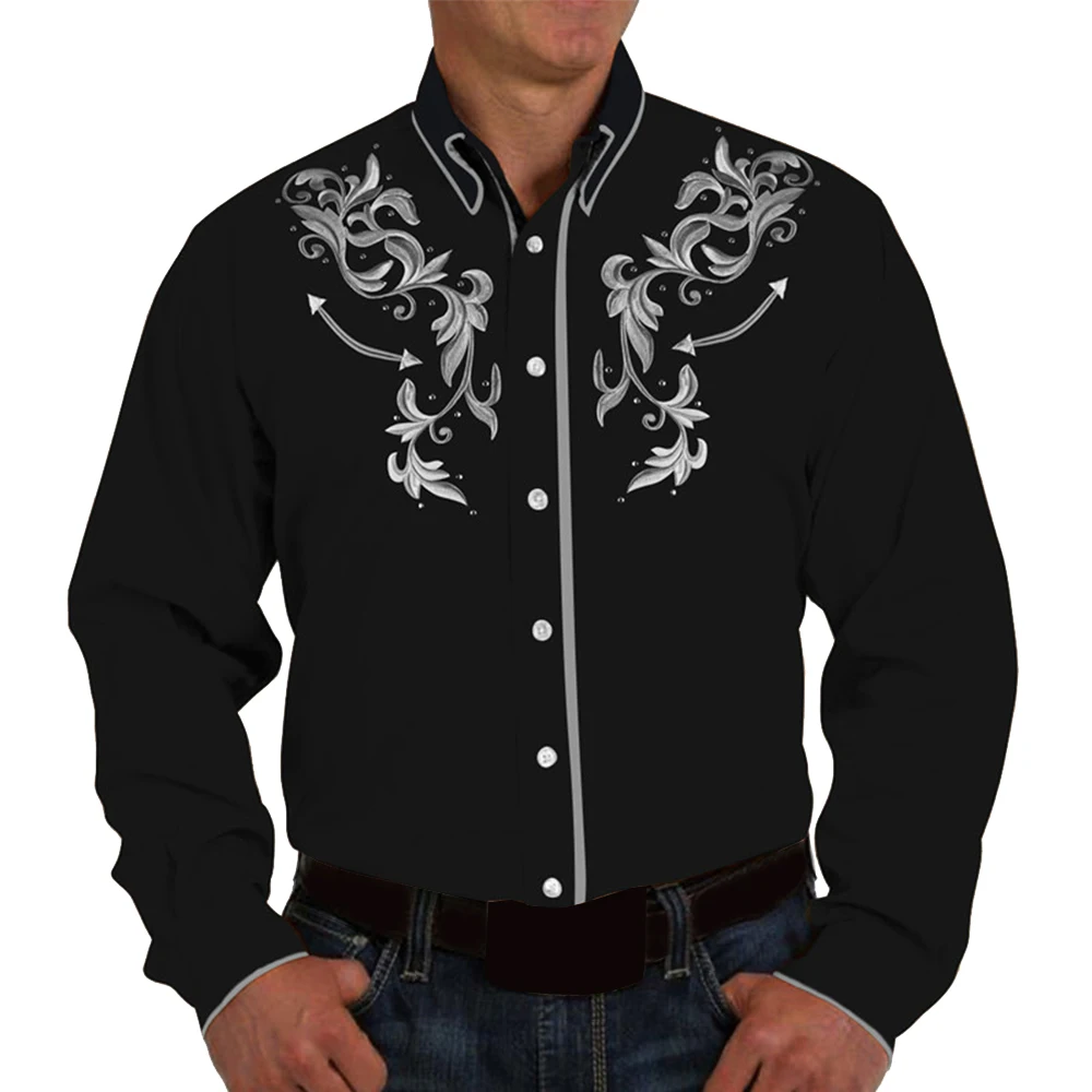Fashion Men Western Printed Long Sleeve Shirts Spring Casual Loose Slim Button Down Dress Shirt Vintage Mens Tops