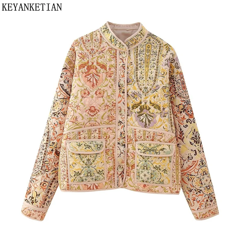 

Женские винтажные укороченные парки KEYANKETIAN, пальто с цветочным принтом в пасторальном стиле, толстый теплый топ с двойными карманами для осени и зимы