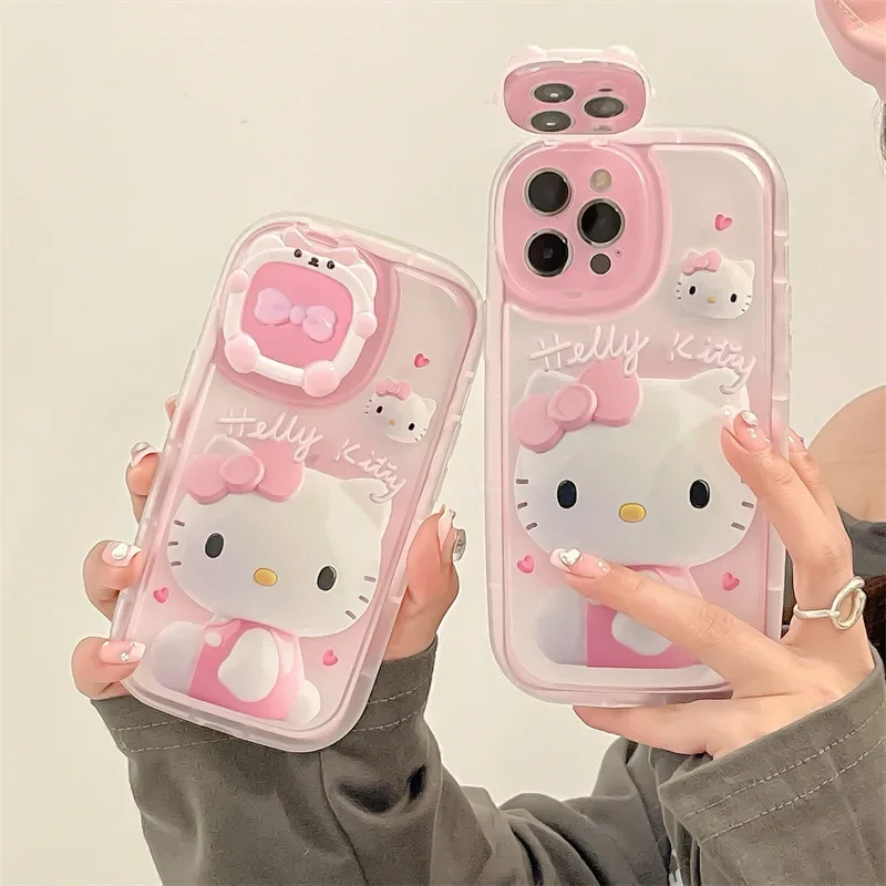 

Чехол-книжка для телефона HelloKittye с 3D зеркальным кронштейном для iphone 13 12ProMax розовый мультяшный чехол для телефона с защитой от падения модный милый популярный