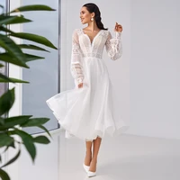 tea length v neck wedding dresses 2021 lantern long sleeve lace illusion button back boho for women custom made robe de mariee