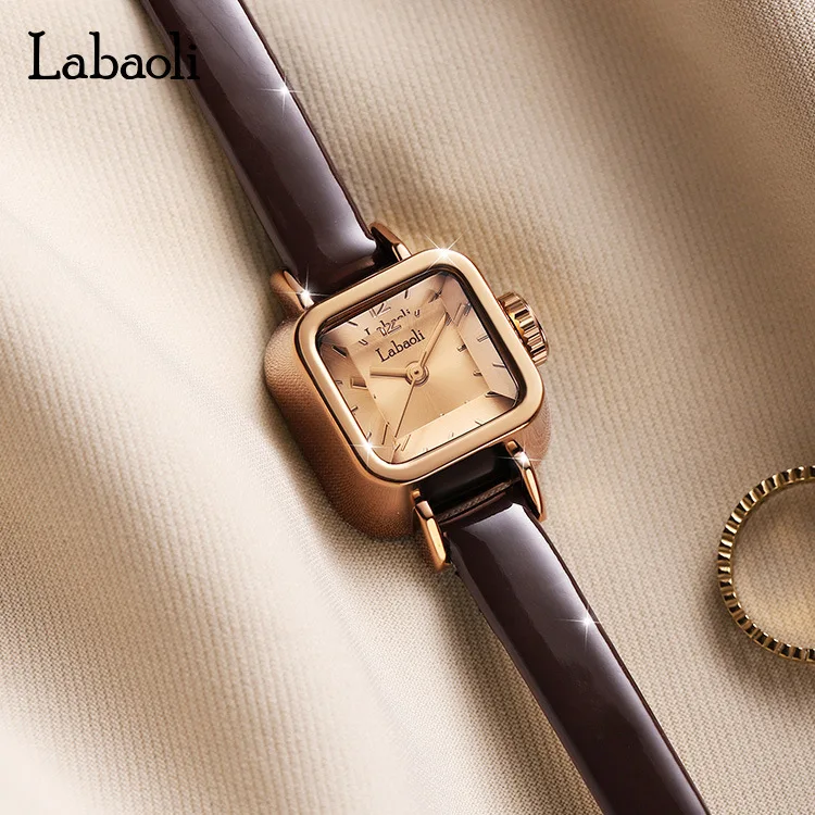 Square LABAOL Classical Women Writst Watches Leather Minimalist Ladies Quartz Watches Rose Gold Small Square Dial Elegant Design