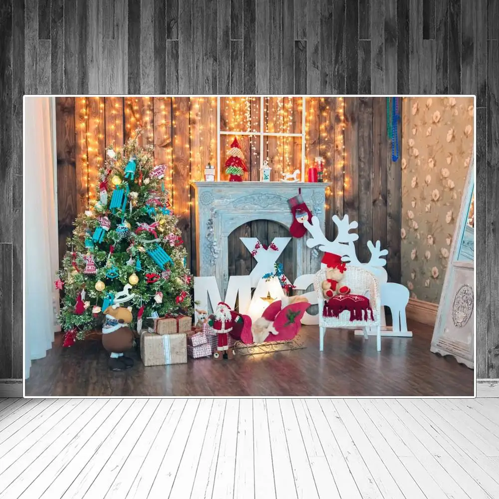 

Фон для фотосъемки с изображением рождественской елки подарка камина светильник Лой деревянной стены комнаты