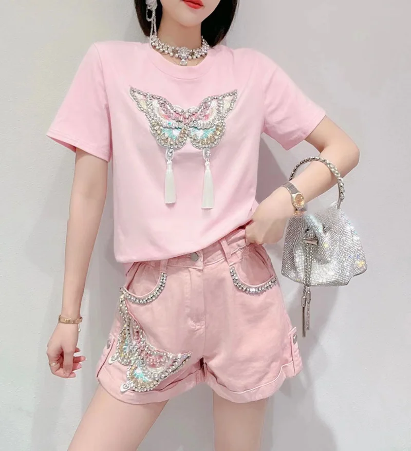 French Minority Exquisite Rhinestone Butterfly Denim Shorts Female Summer New Loose Slimming A-line Versatile Wide Leg Hot Pants