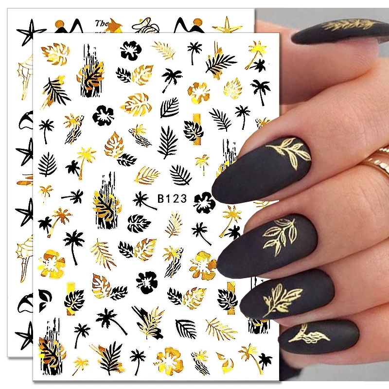 Летние наклейки для ногтей черные золотые пляжные океанские кокосовое дерево