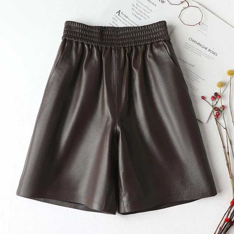 Genuine Leather Shorts for Women Sheepskin Leather Pants Korean Style Elastic Waist Pants Knee-length Wid Leg Pants High Waist