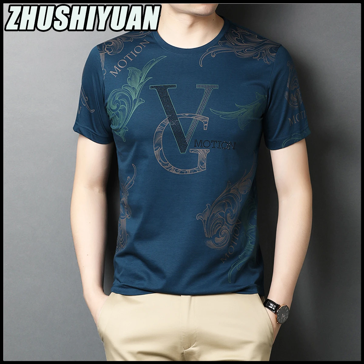 

High-grade 2023 Print T Shirts Men Silk Cotton Summer Short Sleeve Tops Casual Korean Fashion O-Neck T-shirts Slim Fit Clothes