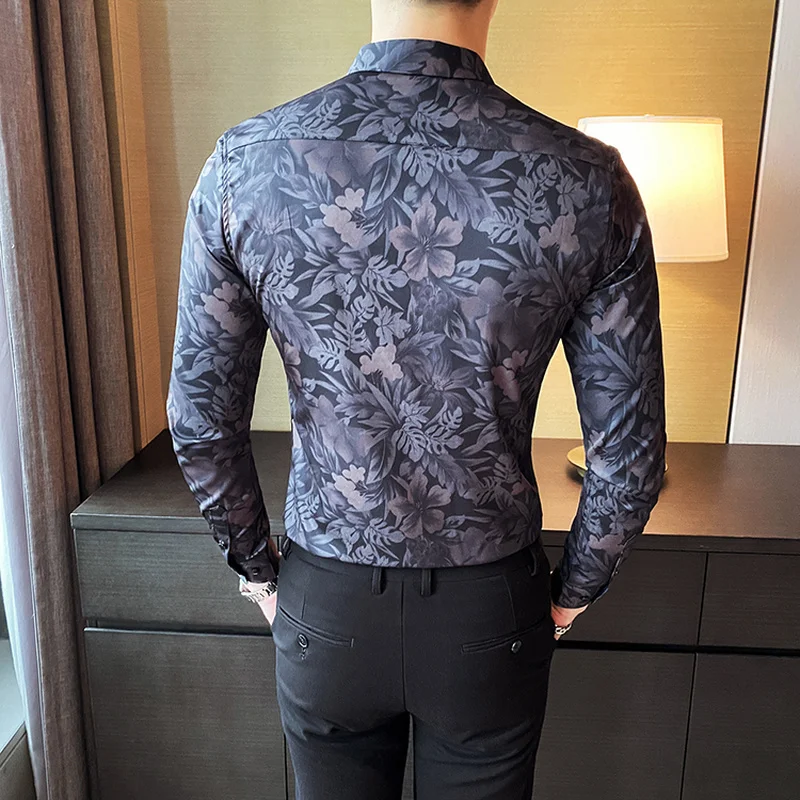 Vintage Flower Shirts for Men 2022 Long Sleeve Casual Business Formal Shirt Slim Fit Streetwear Social Party Tops Chemise Homme