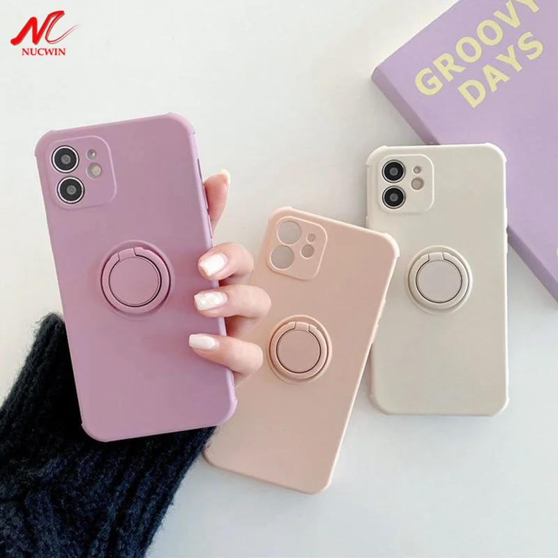 For iPhone 12 Pro Max Ring Case Liquid Silicon Square Cover for iPhone 11 13 14 X Xs Max 7 8 Plus SE 2 Magnetic Car Holder Stand