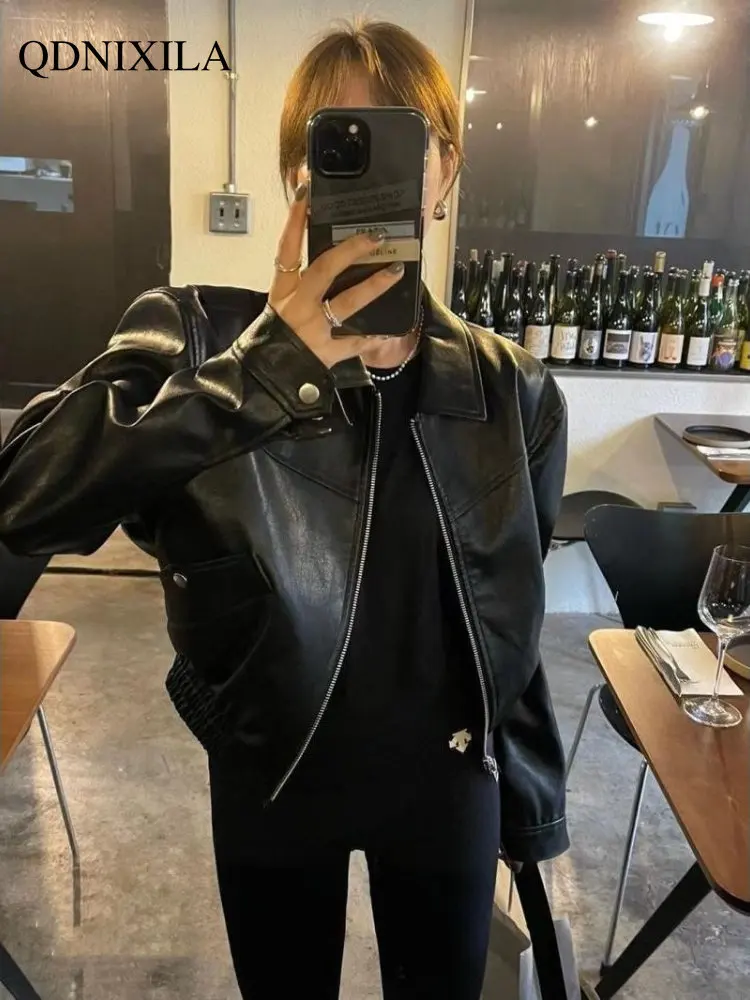 Women's Leather Jacket Spring Jacket Women PU Lapel  Leather Jacket Korean Women New Coat & Jacket Women's Bomber Jacket