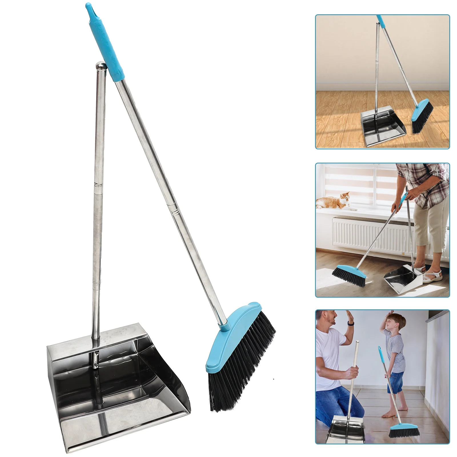 

Stainless Steel Trash Serving Tray Dustpan Kit Tub Household Cleaning Supply + Plastic Handle Broom Office Home