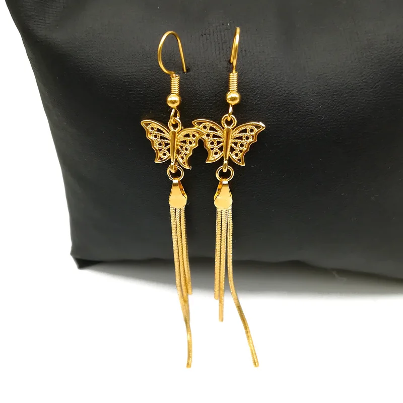 

Fashion Long Tassel Earrings Vietnam Sand Gold Butterfly Ear Line Earrings Female Brass Gold Plated Jewelry Pendientes