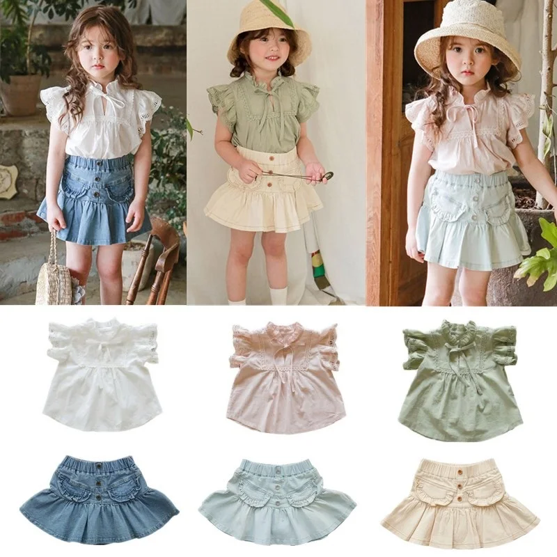 

Girls' Shirts 2022 Summer New Lace Children's Shirts Cotton Baby Shirts Solid Color High Waist Denim Skirts Children's Clothing