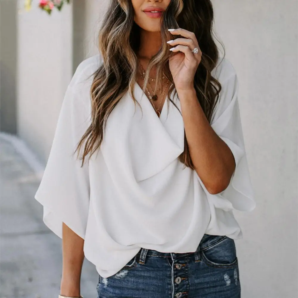

Женский топ, модная Однотонная рубашка с коротким рукавом и V-образным вырезом, драпированная спереди, блузка, футболка, женская одежда