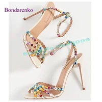 candy colors string bead sandals open toe hollow sexy women shoes ankle straps studded stiletto heel sandals summer banquet shoe