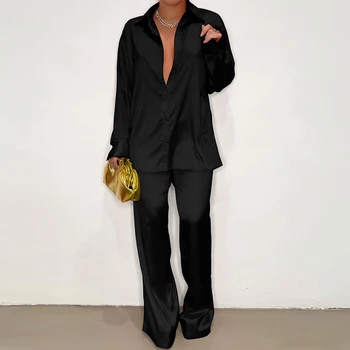 Spring Full Long Sleeve Lapel Shirt and Wide Leg Pants Suit Women Fashion Satin 2-piece Set Lady Casual Button Loose Office Sets 1