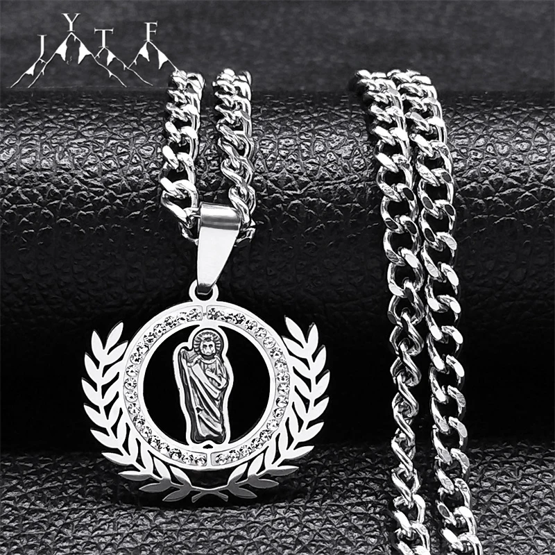 

Saint Jude Thaddeus Crystal Necklace Hip Hop Punk Stainless Steel Rhinestone Necklaces Catholic Jewelry San Judas Tadeo N8082S05