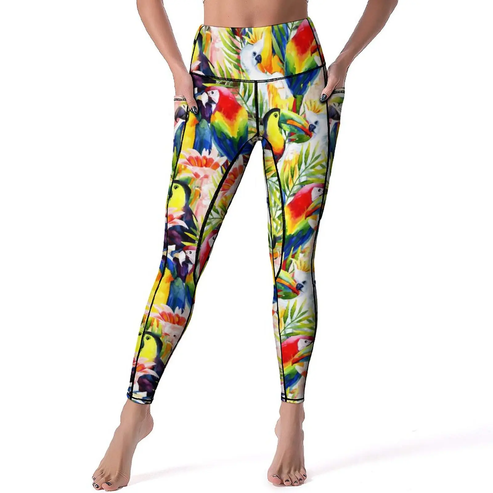 

Tropical Birds Yoga Pants Sexy Parrots And Palm Leaves Custom Leggings Push Up Fitness Running Leggins Quick-Dry Sports Tights