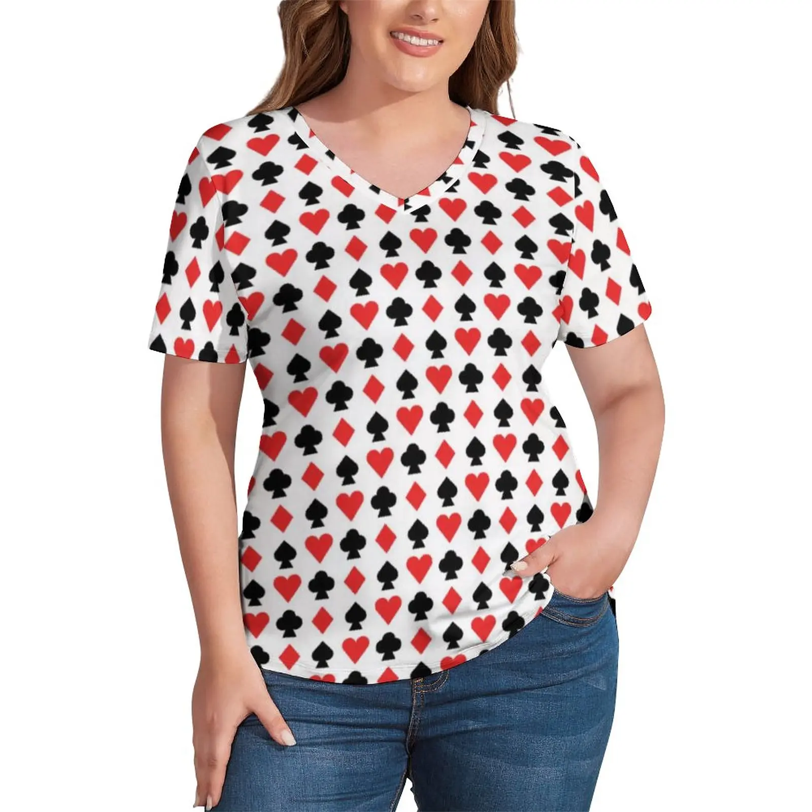 

Playing Poker T Shirts Card Suits Design Simple V Neck T-Shirt Short Sleeve Retro Oversize Tee Shirt Summer Pattern Tops Gift